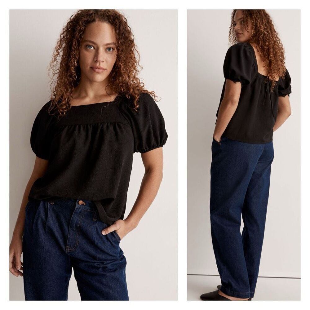 Madewell‎ Seersucker Bubble-Sleeve Top Puff Sleeve Black Blouse XS Boho romantic